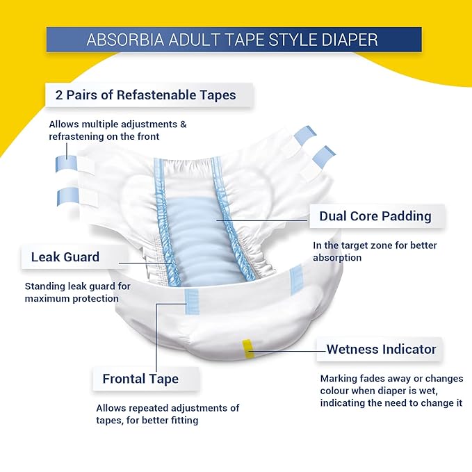 Absorbia Adult Diaper Tape Style, Pack of 10 Pcs