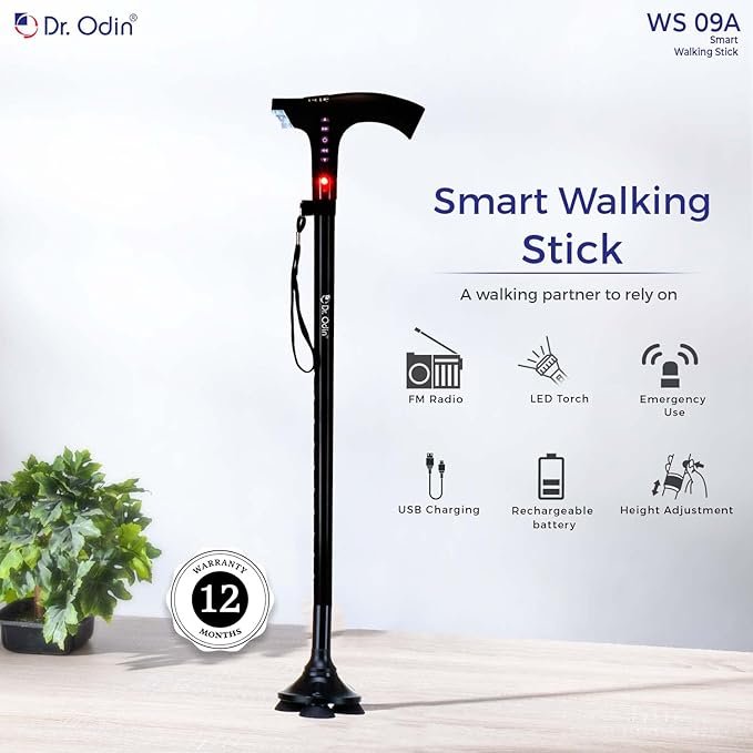 Dr. Odin Adjustable Smart Walking Stick with FM Radio LED Light, Emergency Flash Light & Alarm Buzzer