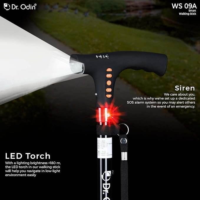 Dr. Odin Adjustable Smart Walking Stick with FM Radio LED Light, Emergency Flash Light & Alarm Buzzer