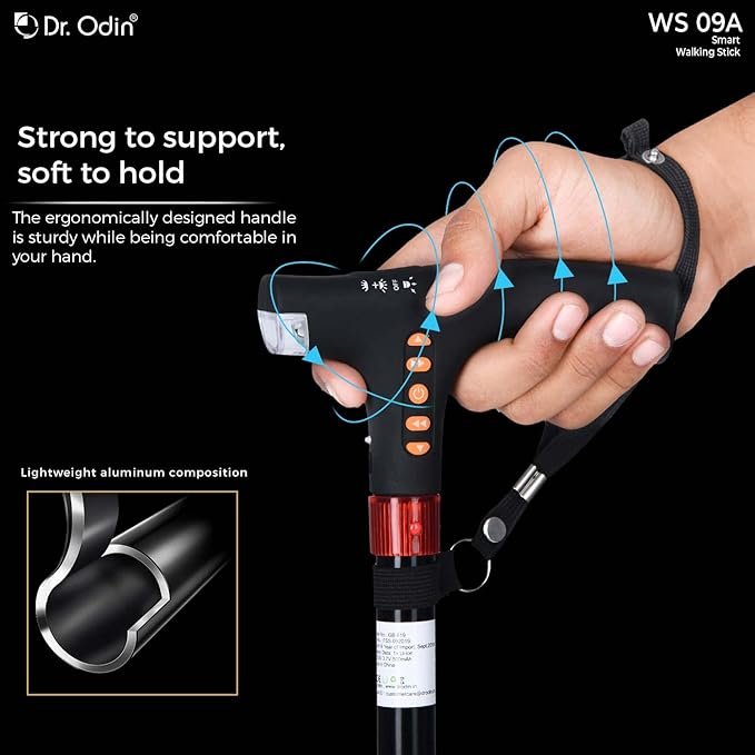 Dr. Odin Adjustable Smart Walking Stick with FM Radio LED Light, Emergency Flash Light & Alarm Buzzer