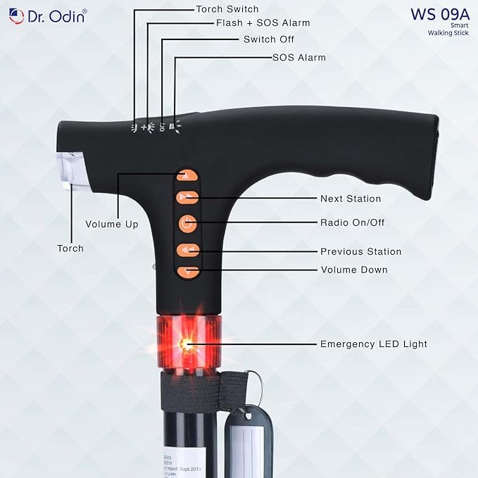 Dr. Odin Adjustable Smart Walking Stick with FM Radio LED Light, Emergency Flash Light & Alarm Buzzer