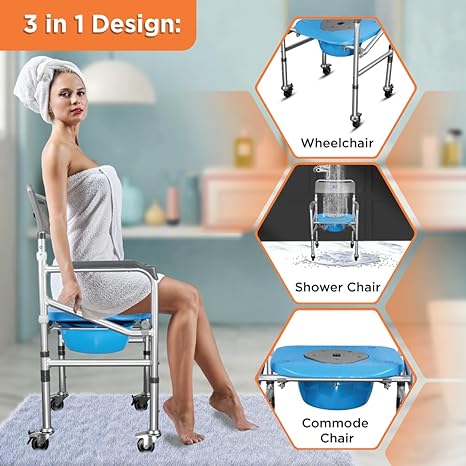 GHS Comfort Foldable Commode Shower Chair (Height Adjustable) With Wheels