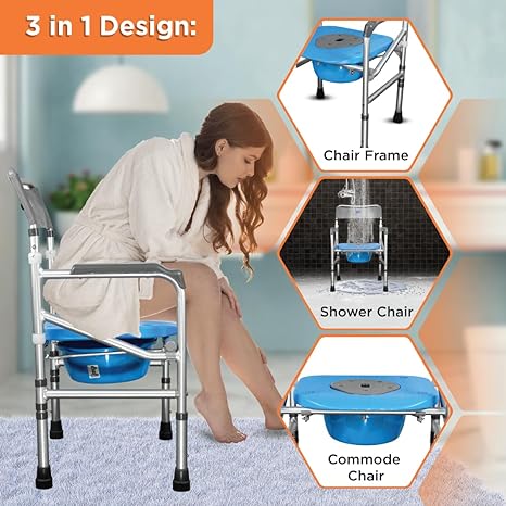 GHS Comfort 3 in 1 Foldable Commode Shower Chair (Height Adjustable) Without Wheel