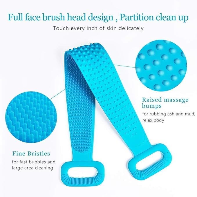 GHS Silica Gel Bath brush Silicone Body Back Scrubber, Double Side Bathing Brush for Skin Deep Cleaning Massage, Dead Skin Removal Exfoliating Belt for Shower, Easy to Clean, for Men & Women