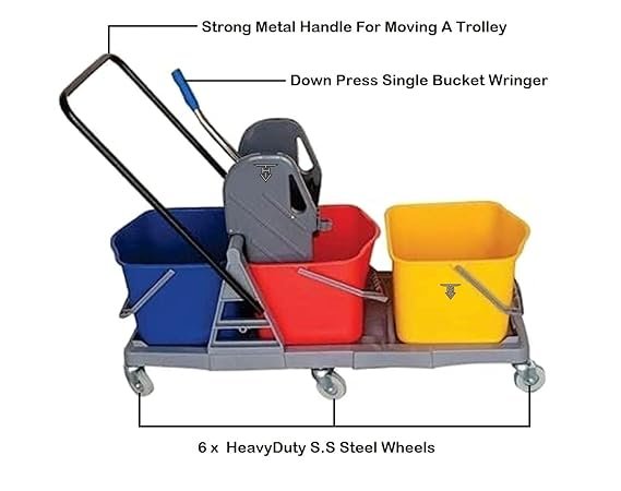 Triple Bucket Wringer Trolley, Heavy Duty Floor Cleaner