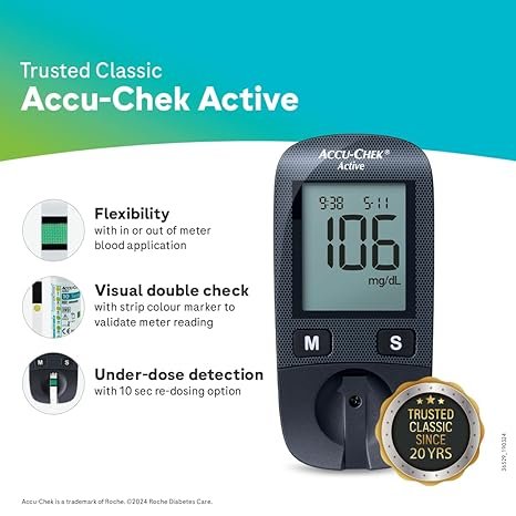 Accu-Chek Active Blood Glucose Glucometer Kit with Vial of 10 Strips, 10 Lancets and a Lancing device FREE